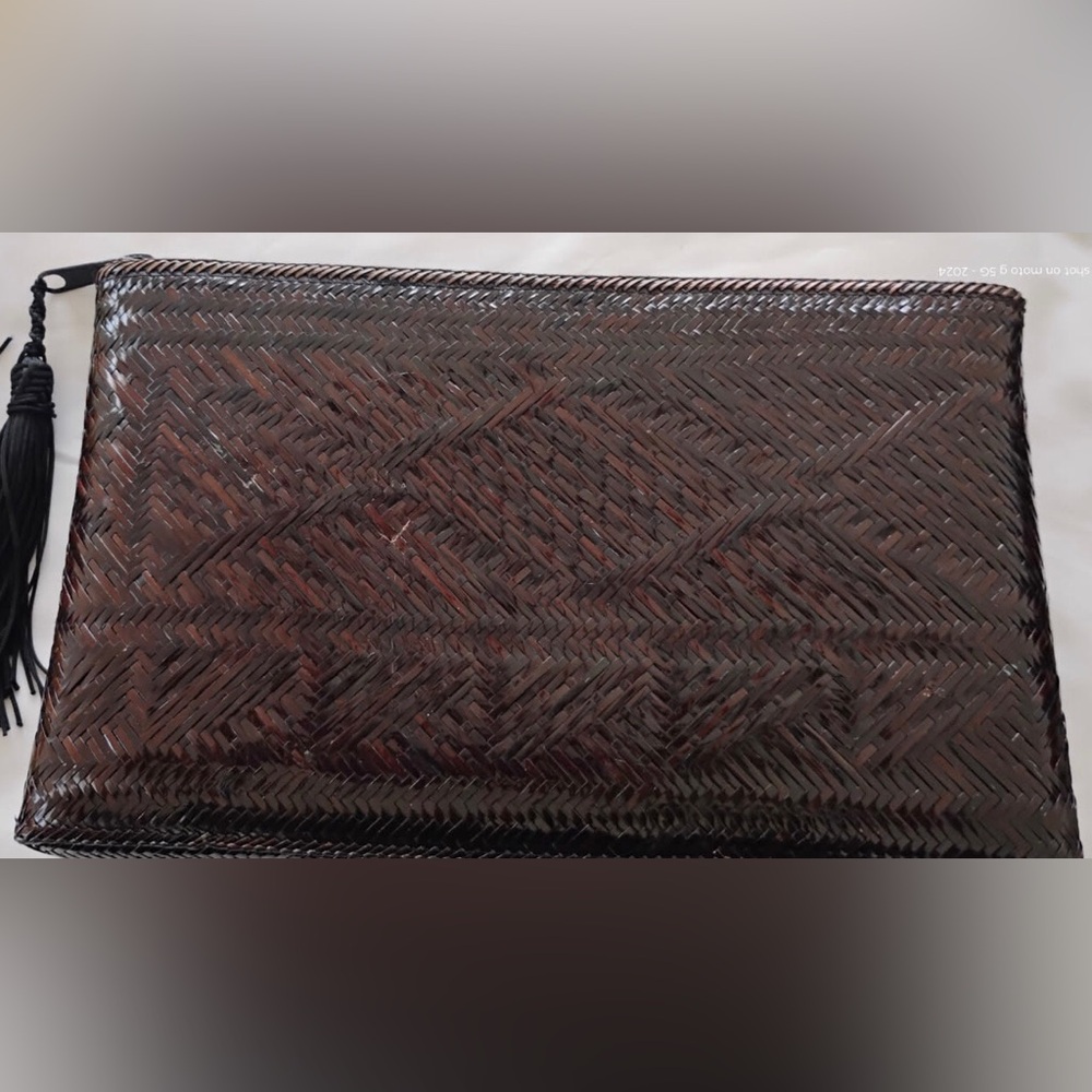 Richard Bienen Woven Wicker Zip Clutch in Dark Brown with Copper Accent
